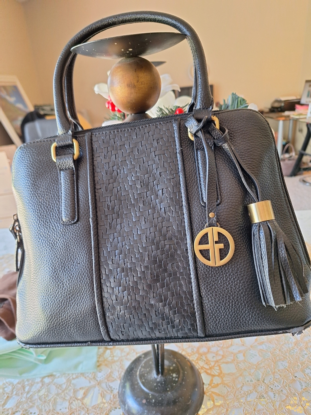Black Women's Structured Tote with Tassel Charm